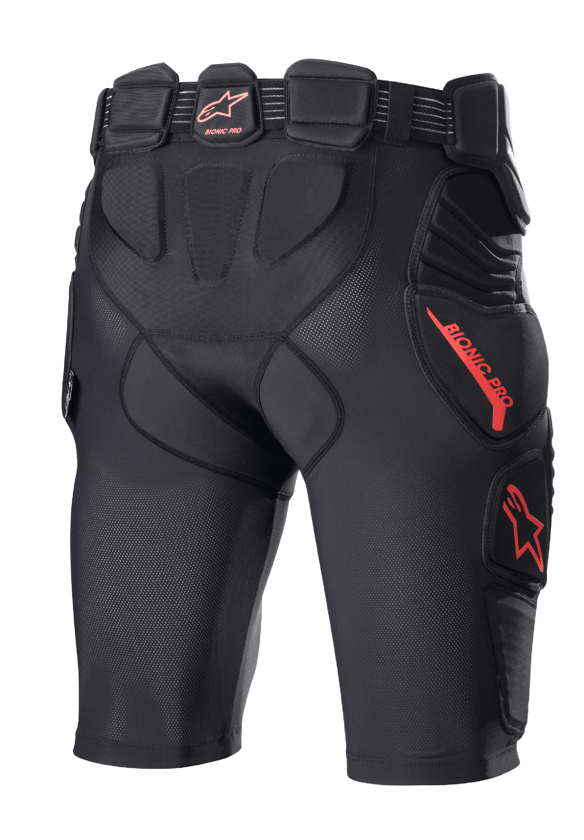 Alpinestars Bionic Pro Protection Shorts, Motocross Protection Shorts, Black and Red, rear view showing integrated hip and thigh padding, breathable mesh construction, red Alpinestars logo and branding, protective base layer for off-road riding