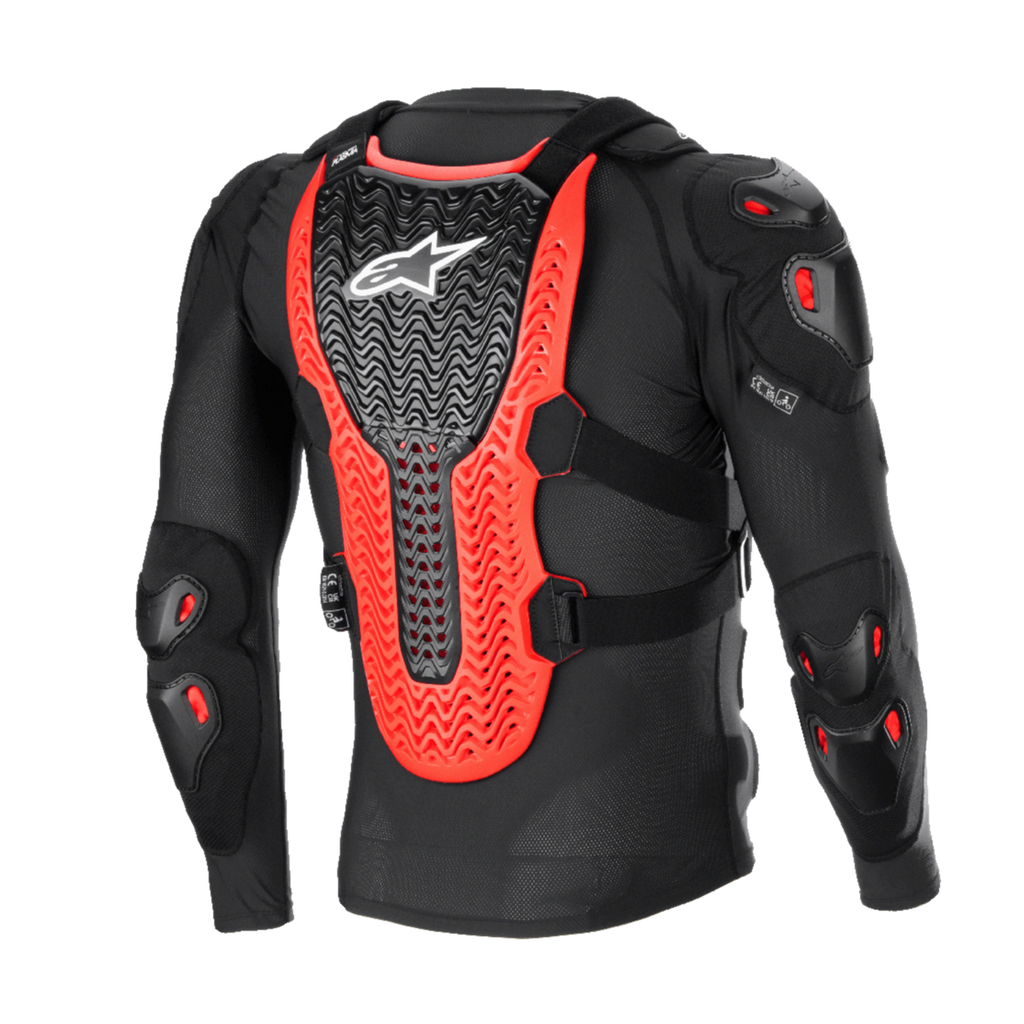 Casaco de Proteção Alpinestars Bionic XTR Plasma, preto, vermelho e branco, vista traseira mostrando o grande protetor de costas Nucleon PLASMA nervurado, proteções nos ombros e cotovelos, construção em malha preta para proteção de motocross todo-o-terreno