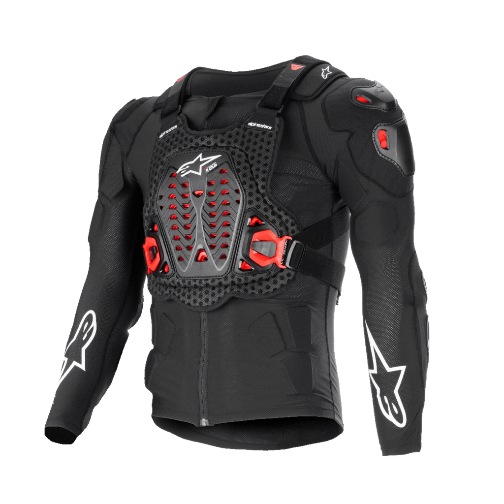 Alpinestars Bionic XTR Plasma Protection Jacket, casaco de proteção para moto, preto com detalhes vermelhos e brancos, chassis de malha respirável, placa peitoral ventilada com inserções Nucleon PLASMA vermelhas, logótipos de estrela brancos nas mangas, fivelas laterais ajustáveis, equipamento de off-road de alto impacto