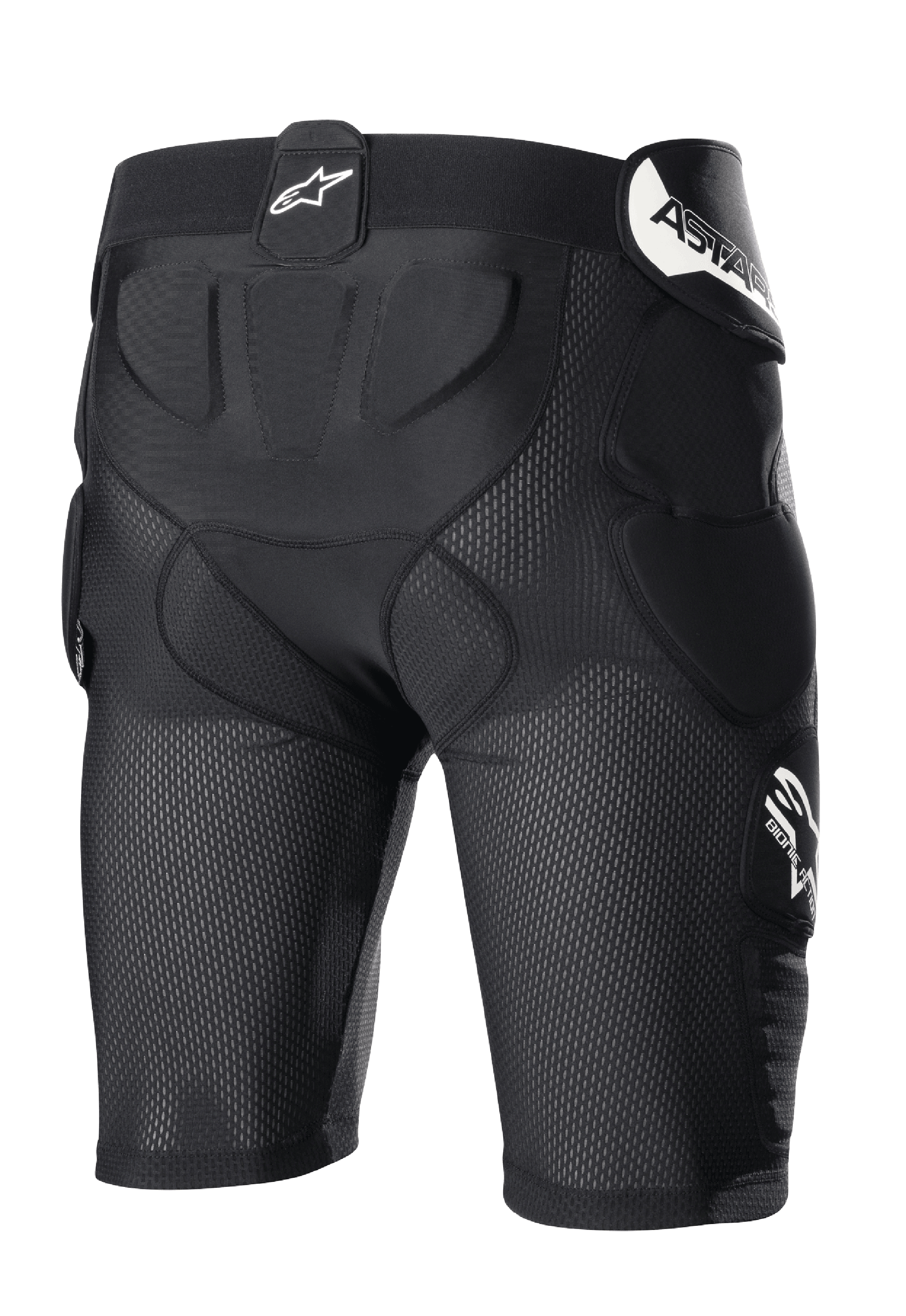 Calções de Proteção Bionic Action Alpinestars, pretos, calções de proteção para motocross com construção em malha respirável, acolchoamento integrado nas ancas e no cóccix, logótipos brancos na cintura e na lateral