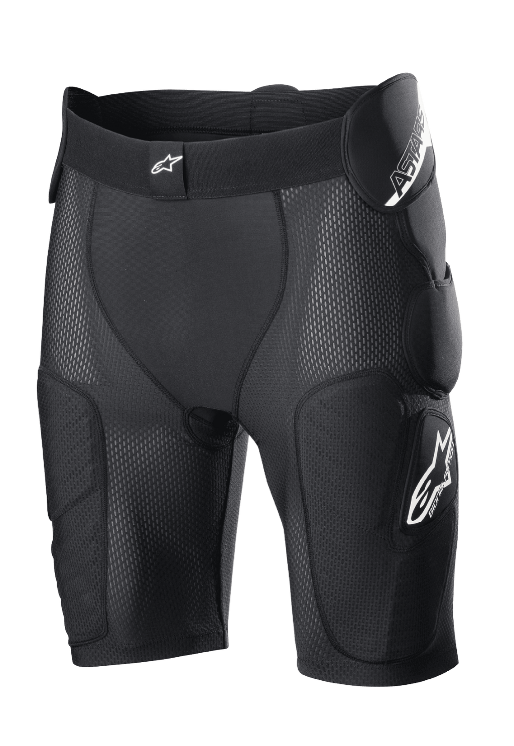 Alpinestars Bionic Action Protection Shorts, pretos, com acolchoamento integrado nas ancas e coxas, construção em malha respirável, cintura elástica com logótipo branco, equipamento de proteção para motocross e todo-o-terreno