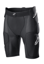 Alpinestars Bionic Action Protection Shorts, pretos, com acolchoamento integrado nas ancas e coxas, construção em malha respirável, cintura elástica com logótipo branco, equipamento de proteção para motocross e todo-o-terreno