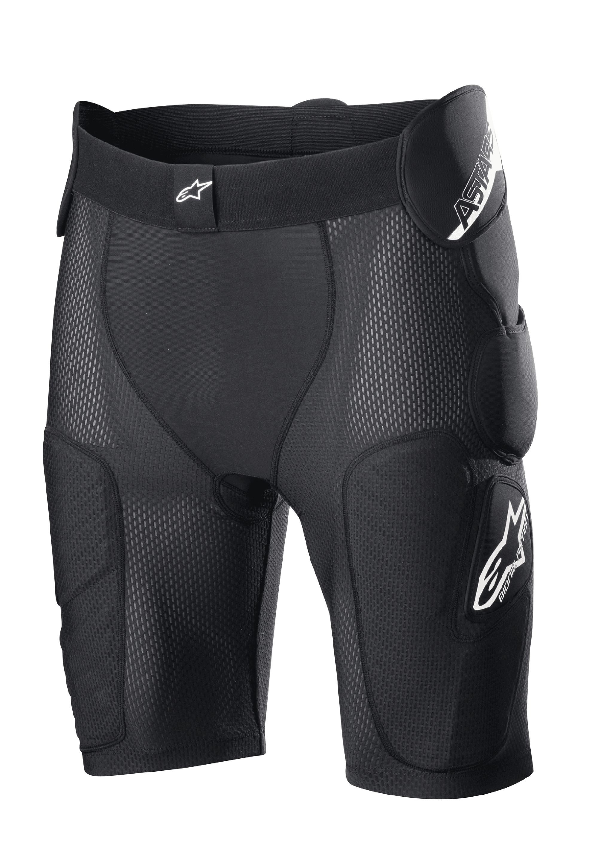 Alpinestars Bionic Action Protection Shorts, pretos, com acolchoamento integrado nas ancas e coxas, construção em malha respirável, cintura elástica com logótipo branco, equipamento de proteção para motocross e todo-o-terreno