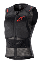 Alpinestars Nucleon Flex Pro Protection Vest, black sleeveless motorcycle body armor, perforated mesh chassis for airflow, red Alpinestars logo on chest and red text on shoulders, adjustable elasticated waist belt, front zipper, CE Level 2 certified back and chest protection