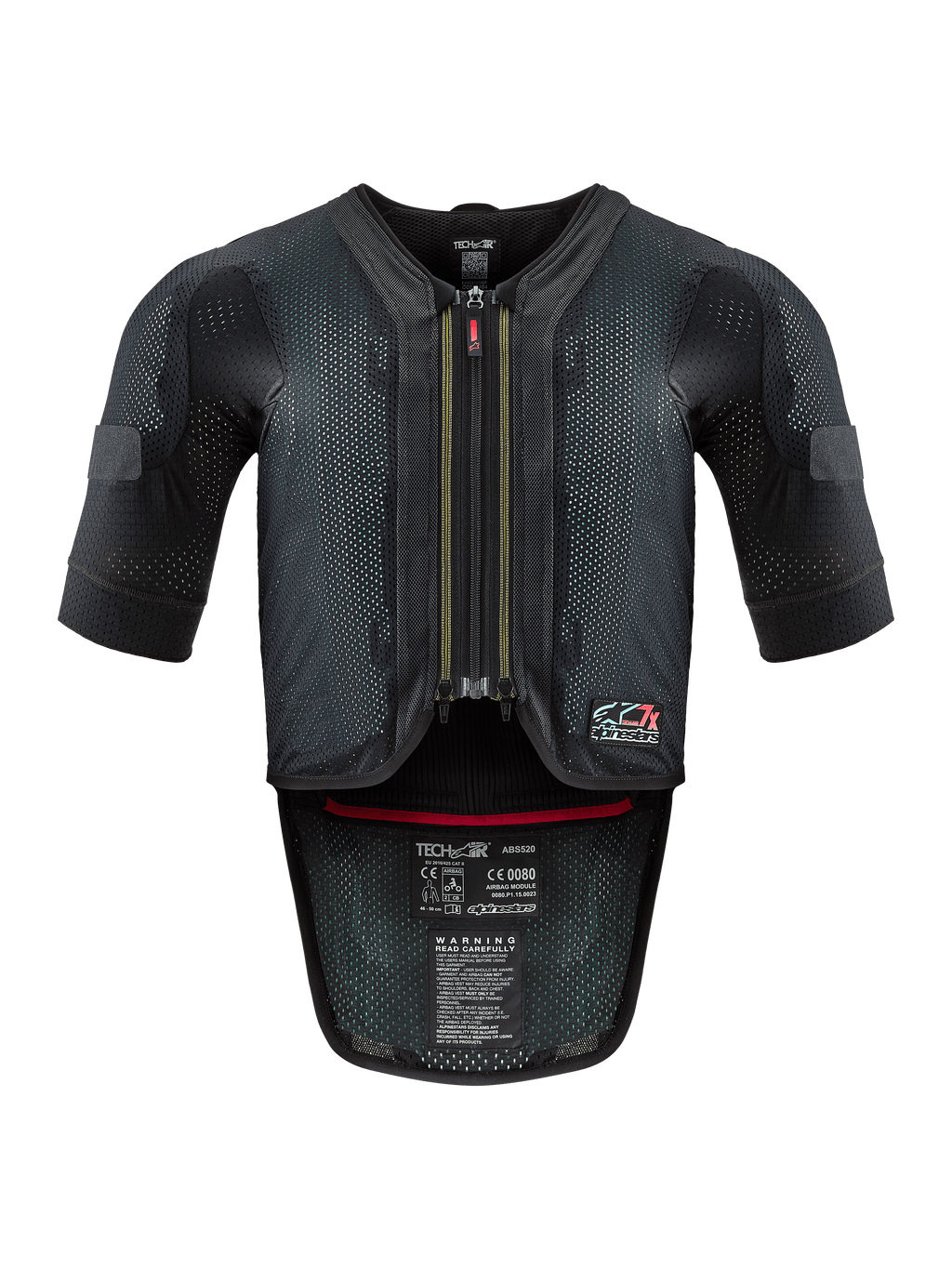 Alpinestars Tech-Air® 7X System, Motorcycle Airbag Vest, Black and Red, front view featuring a ventilated mesh chassis, center zipper with red pull, and internal certification labels, high-performance protection for track and road riding