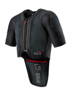 Alpinestars Tech-Air 7X System, Motorcycle Airbag Vest, Black, featuring a zippered front, ventilated mesh chassis with dotted texture, short sleeves, extended back protector, red interior trim, and Tech-Air 7X logo on the chest, designed for road racing and track performance