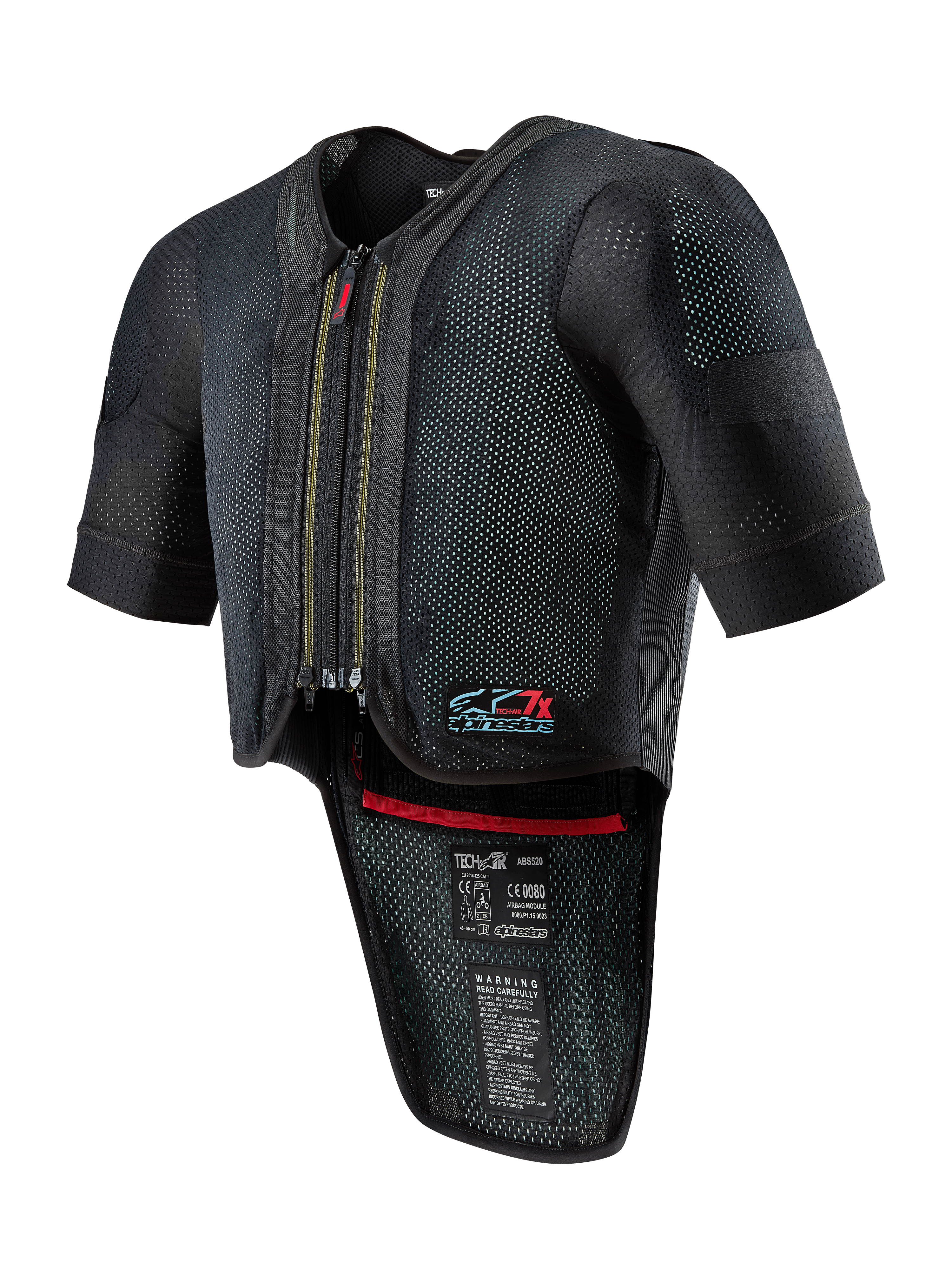 Alpinestars Tech-Air 7X System, Motorcycle Airbag Vest, Black, featuring a zippered front, ventilated mesh chassis with dotted texture, short sleeves, extended back protector, red interior trim, and Tech-Air 7X logo on the chest, designed for road racing and track performance