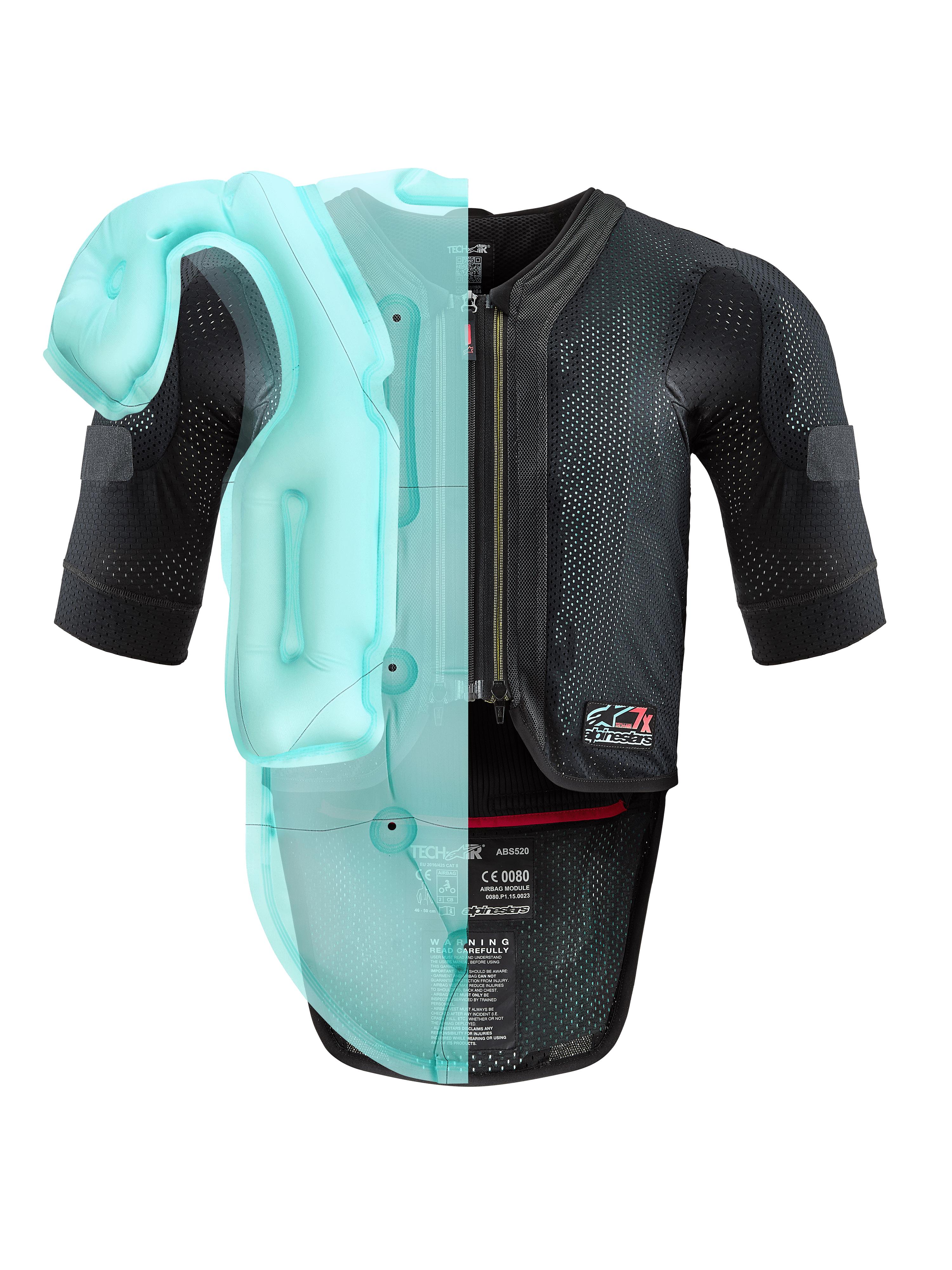 Alpinestars Tech-Air® 7X System, autonomous motorcycle airbag vest, black mesh chassis featuring a light blue translucent visualization of the internal airbag bladder, technical protective gear with short sleeves and integrated back protector