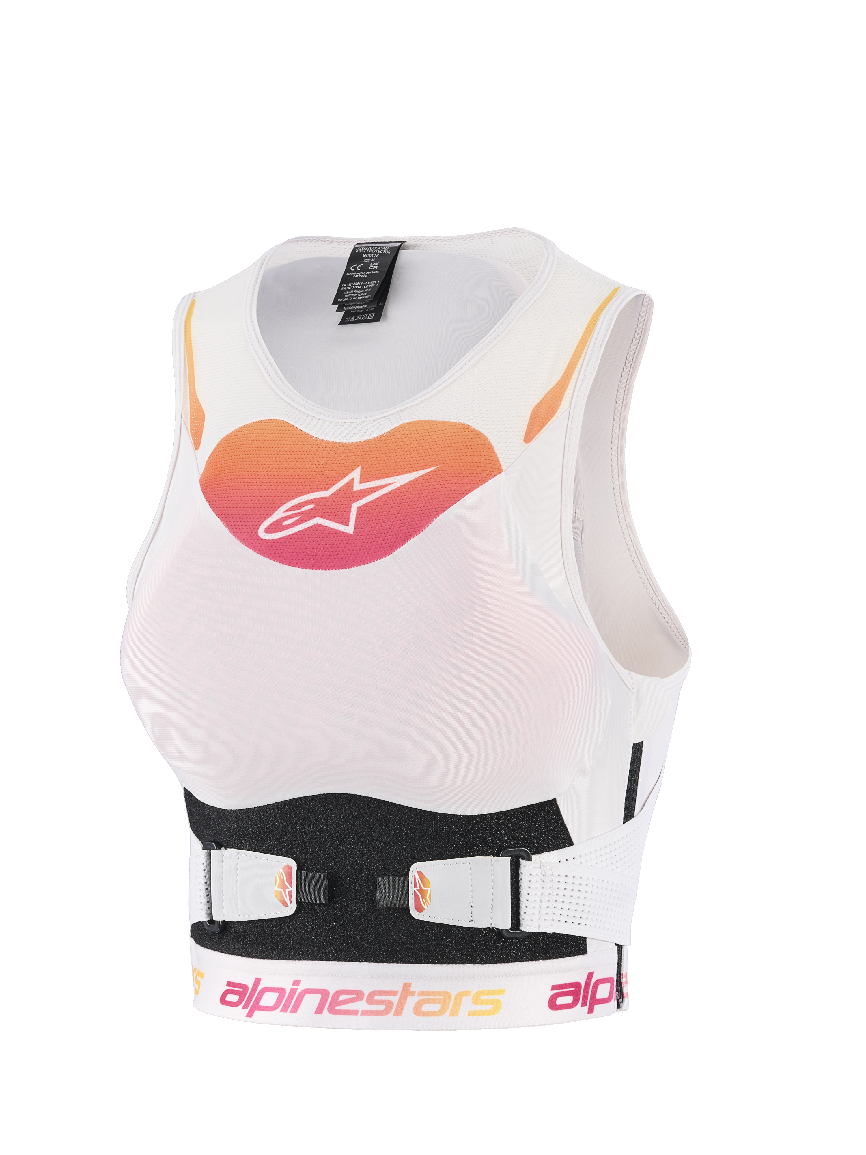 Alpinestars Stella Plasma Chest Protector, Women's Motocross Protective Vest, White with Orange and Pink Gradient Logo, Breathable Mesh Construction with Adjustable V-Belt Straps, Ergonomic Off-Road Body Armor