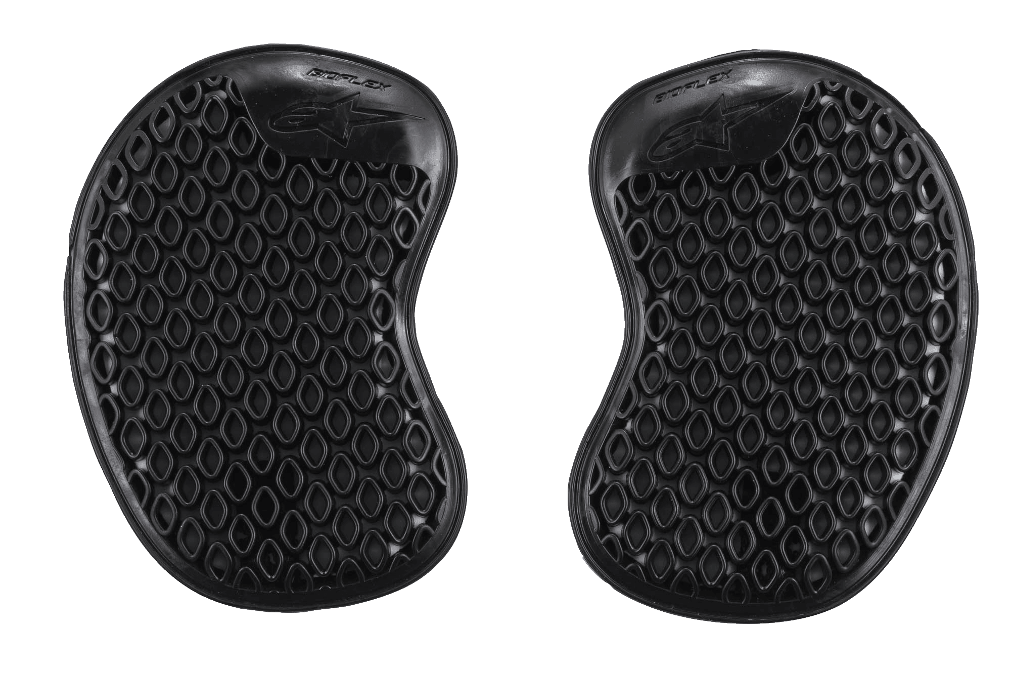 Alpinestars Bioflex Hip Protectors, pretos, par de inserções de proteção de anca para motociclismo com estrutura de células em favo de mel ventilada, formato ergonómico fino para um ajuste discreto, almofadas de proteção de impacto adaptáveis.