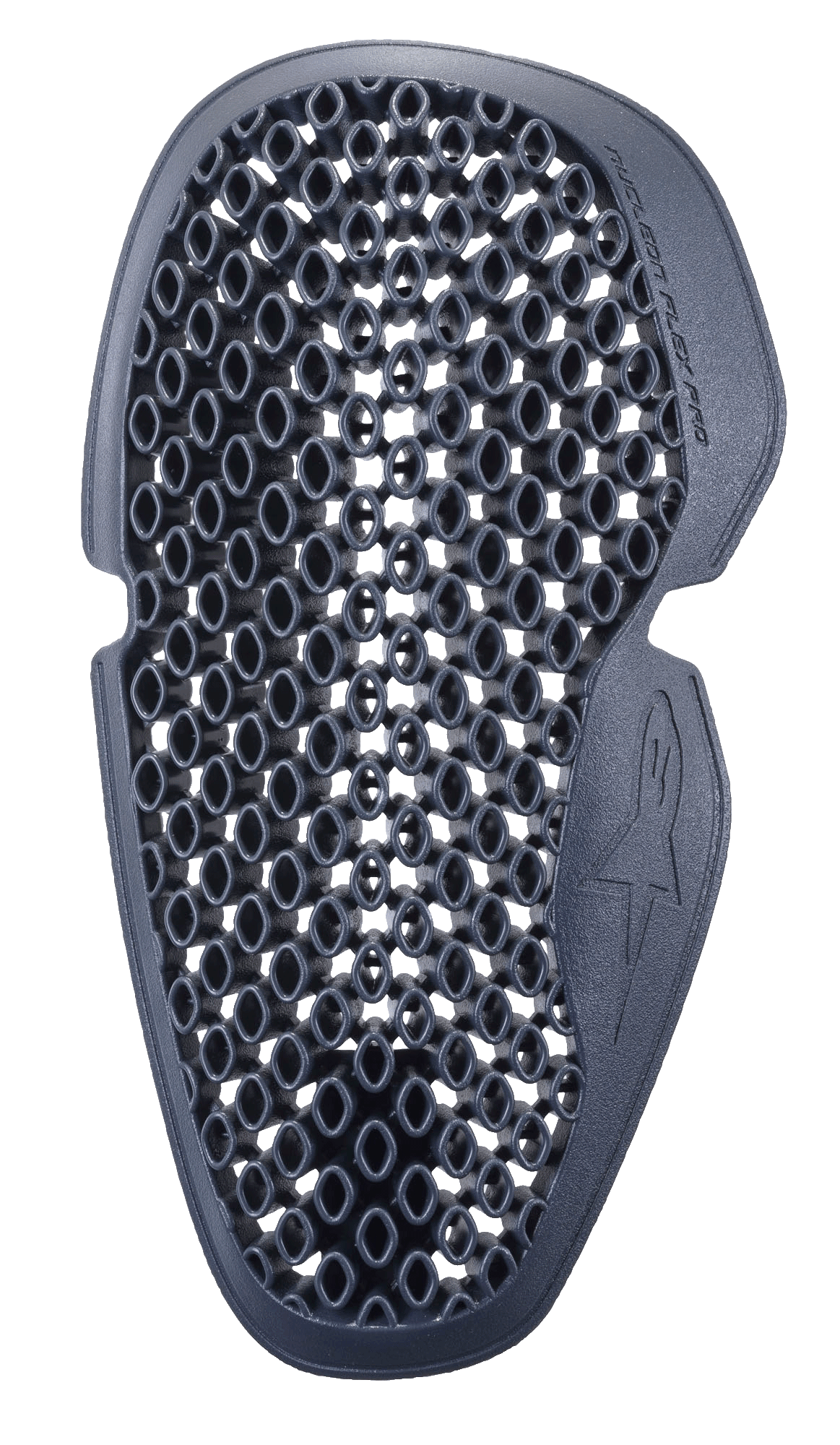 Protetor de cotovelo Alpinestars Nucleon Flex Pro, cinzento antracite, padrão de ventilação em favo de mel, forma ergonómica contornada com logótipo em relevo, proteção de impacto flexível para equipamento de motociclismo