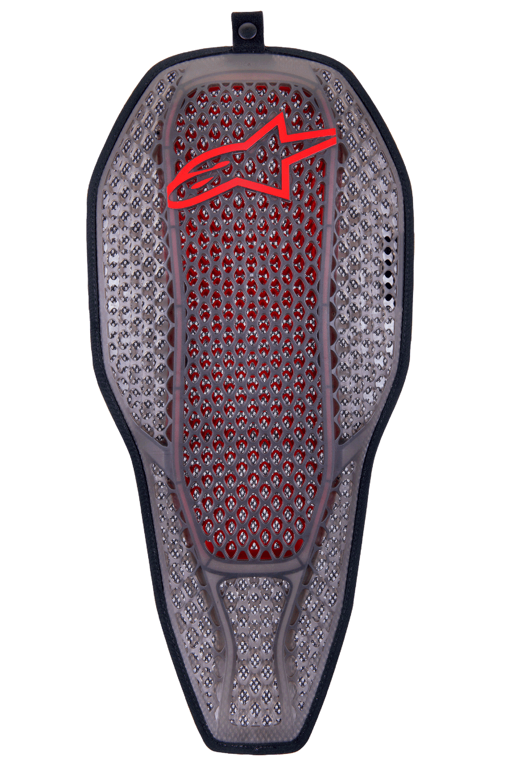 Alpinestars Nucleon Flex Proi Full Back Protector Insert, Transparent Smoke Red, estrutura hexagonal em cinzento fumado com núcleo vermelho, logótipo Alpinestars vermelho no topo, forma ergonómica de escudo alongado, equipamento de proteção para motociclismo altamente ventilado