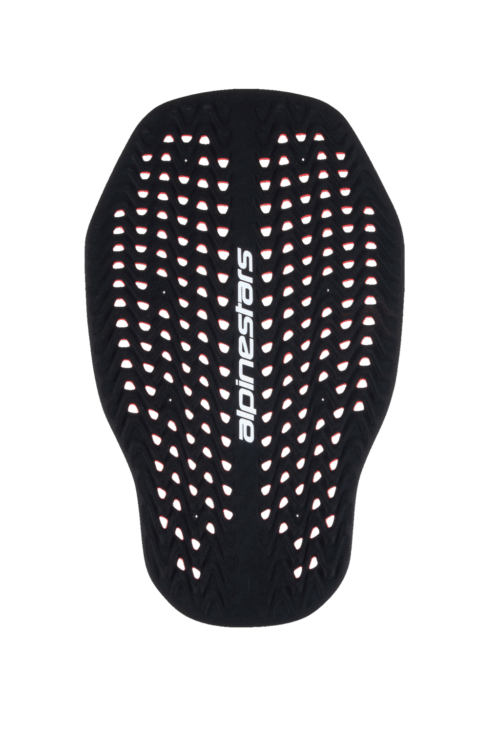 Alpinestars Nucleon Plasma Back Protector Insert, protetor de costas para motociclismo em preto e vermelho, estrutura em favo de mel altamente perfurada para ventilação, logótipo Alpinestars vertical a branco, proteção contra impactos leve e adaptável com certificação CE de Nível 2.