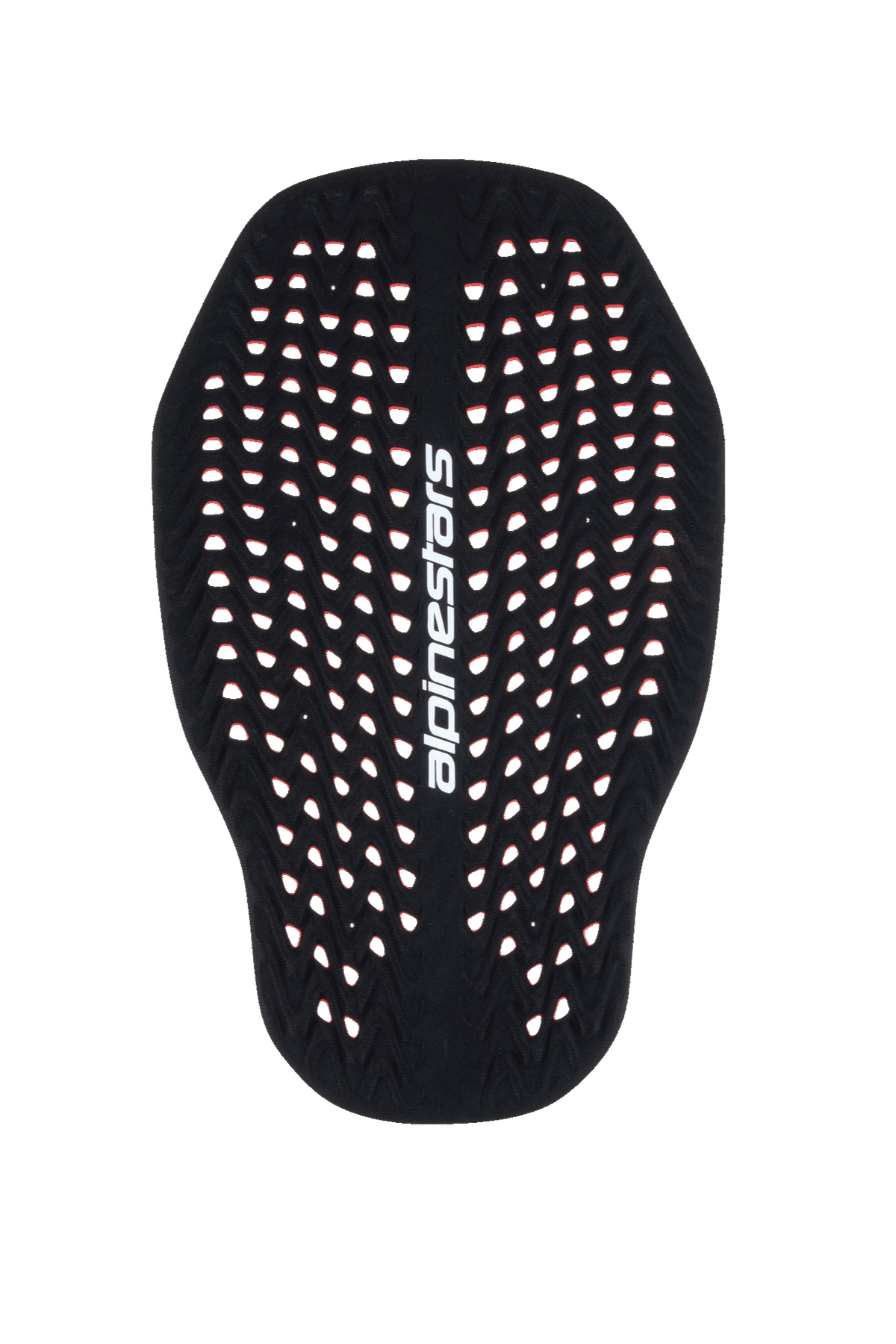 Alpinestars Nucleon Plasma Back Protector Insert, protetor de costas para motociclismo em preto e vermelho, estrutura em favo de mel altamente perfurada para ventilação, logótipo Alpinestars vertical a branco, proteção contra impactos leve e adaptável com certificação CE de Nível 2.