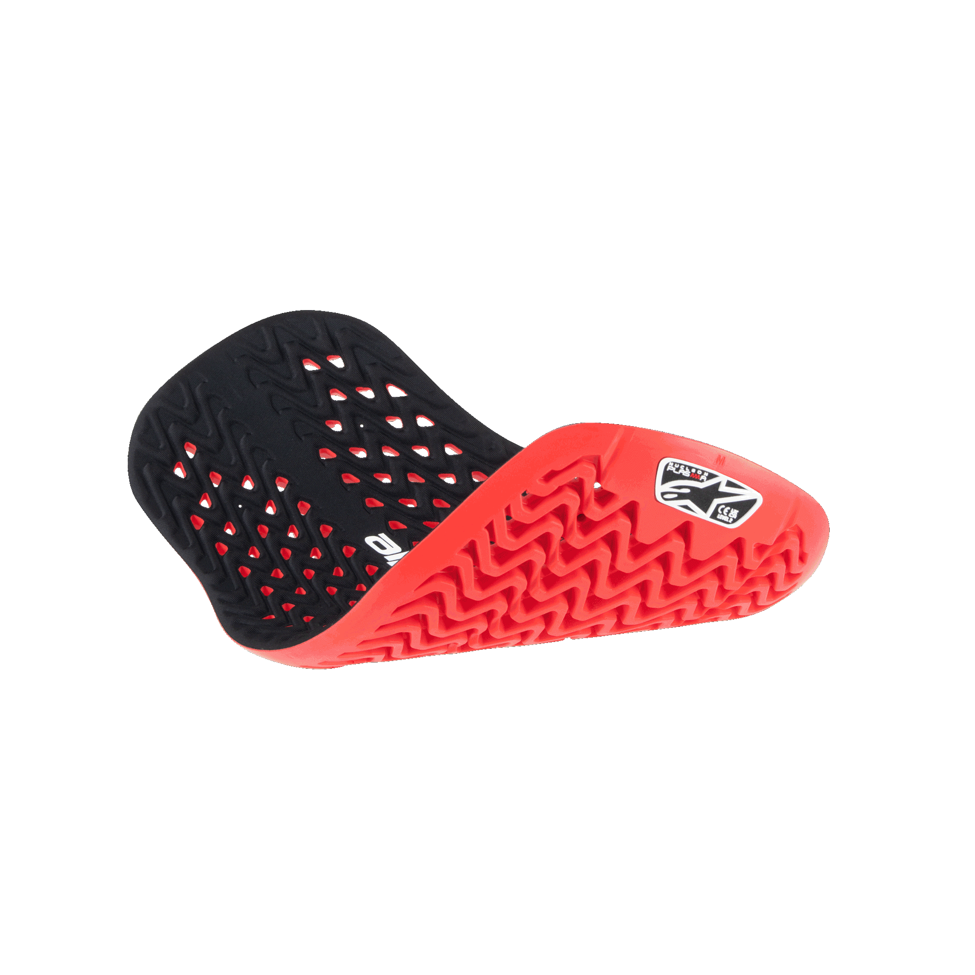Alpinestars Nucleon Plasma Back Protector Insert, vermelho e preto, apresentado numa posição dobrada para destacar a flexibilidade, com um interior preto perfurado e um exterior vermelho texturado com padrão em ziguezague, logótipo Alpinestars branco, proteção de motociclismo leve e ventilada