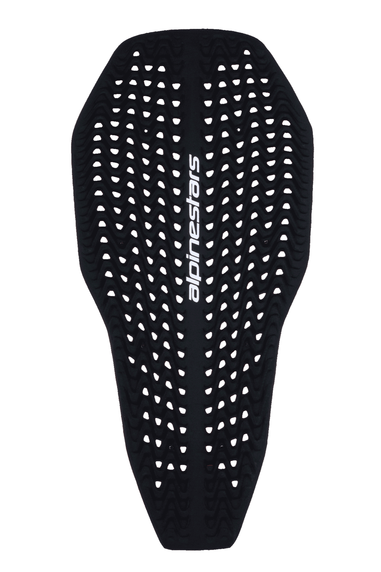 Inserção de Protetor de Costas Integral Alpinestars Nucleon Plasma, protetor de costas para motociclismo, preto, com textura ondulada perfurada para ventilação, logótipo Alpinestars branco na vertical, design contornado, fino e flexível