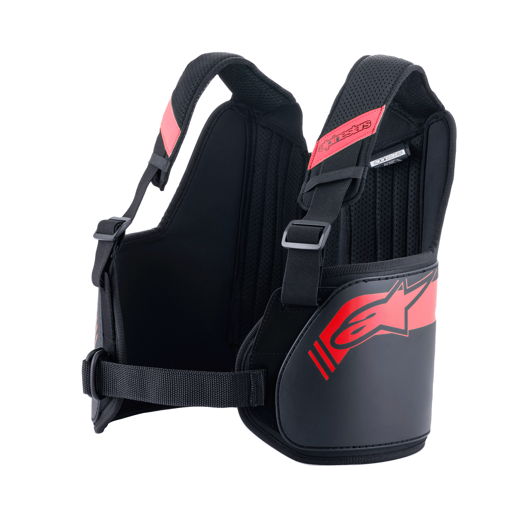 Alpinestars Bionic Rib Support, Karting Rib Protector, Black and Red, featuring adjustable shoulder straps with buckles, ergonomic contoured design with red logo, breathable mesh fabric for motorsport protection