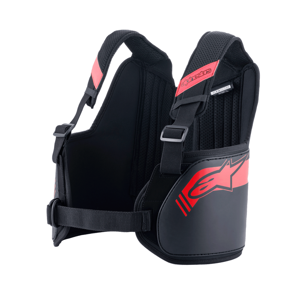 Alpinestars Bionic Rib Support, protetor de costelas para karting, preto e vermelho, com alças de ombro ajustáveis com fivelas, design ergonómico com logótipo vermelho, tecido de malha respirável para proteção em desportos motorizados
