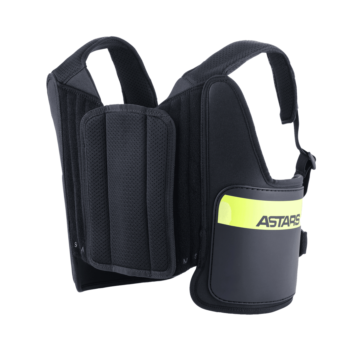 Alpinestars Bionic Rib Support, protetor de costelas para karting, preto e amarelo fluo, com marca ASTARS, alças de malha ajustáveis e construção acolchoada em várias camadas para um ajuste ergonómico.