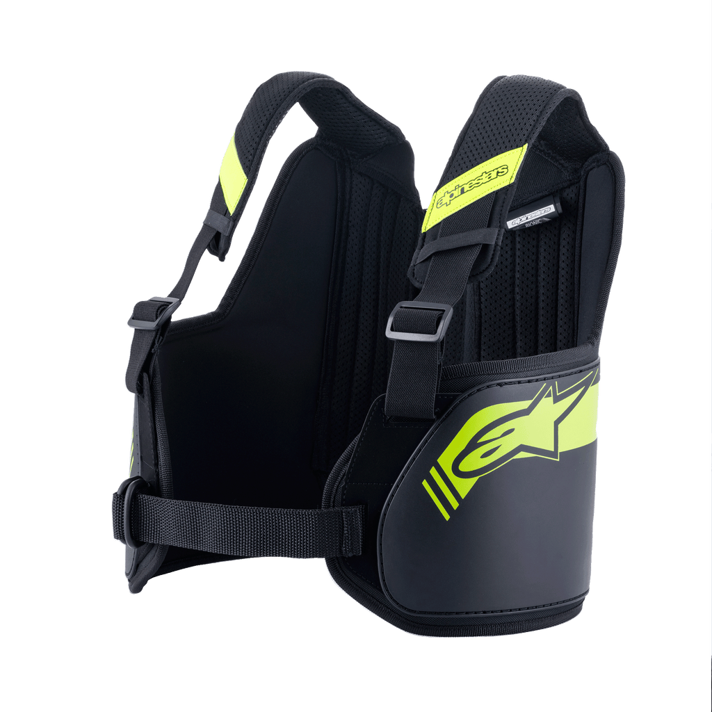 Alpinestars Bionic Rib Support, protetor de costelas para karting, preto e amarelo fluorescente, com alças ajustáveis e cinto central no peito, interior em malha respirável com painéis acolchoados, design ergonómico para proteção em corridas de kart
