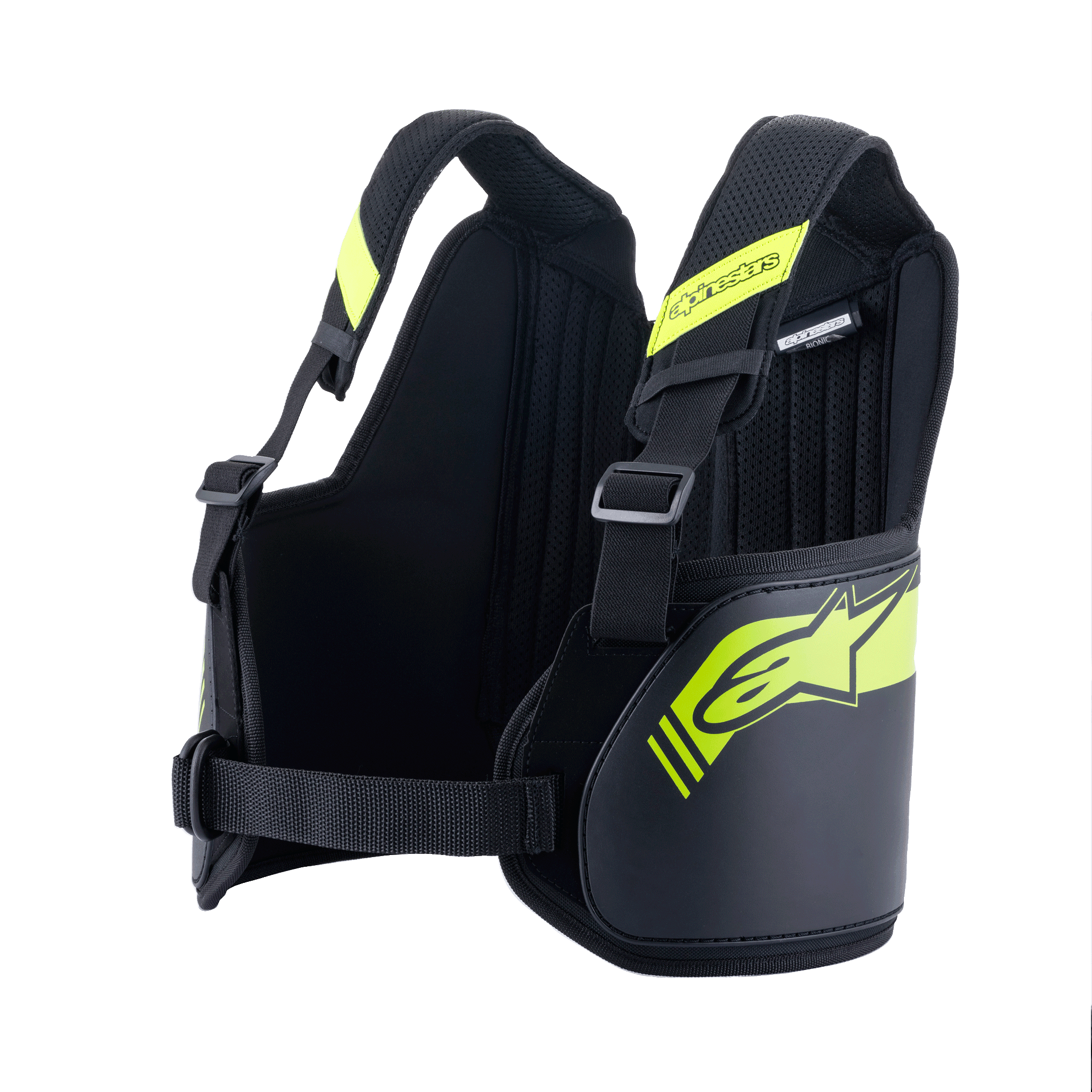 Alpinestars Bionic Rib Support, protetor de costelas para karting, preto e amarelo fluorescente, com alças ajustáveis e cinto central no peito, interior em malha respirável com painéis acolchoados, design ergonómico para proteção em corridas de kart