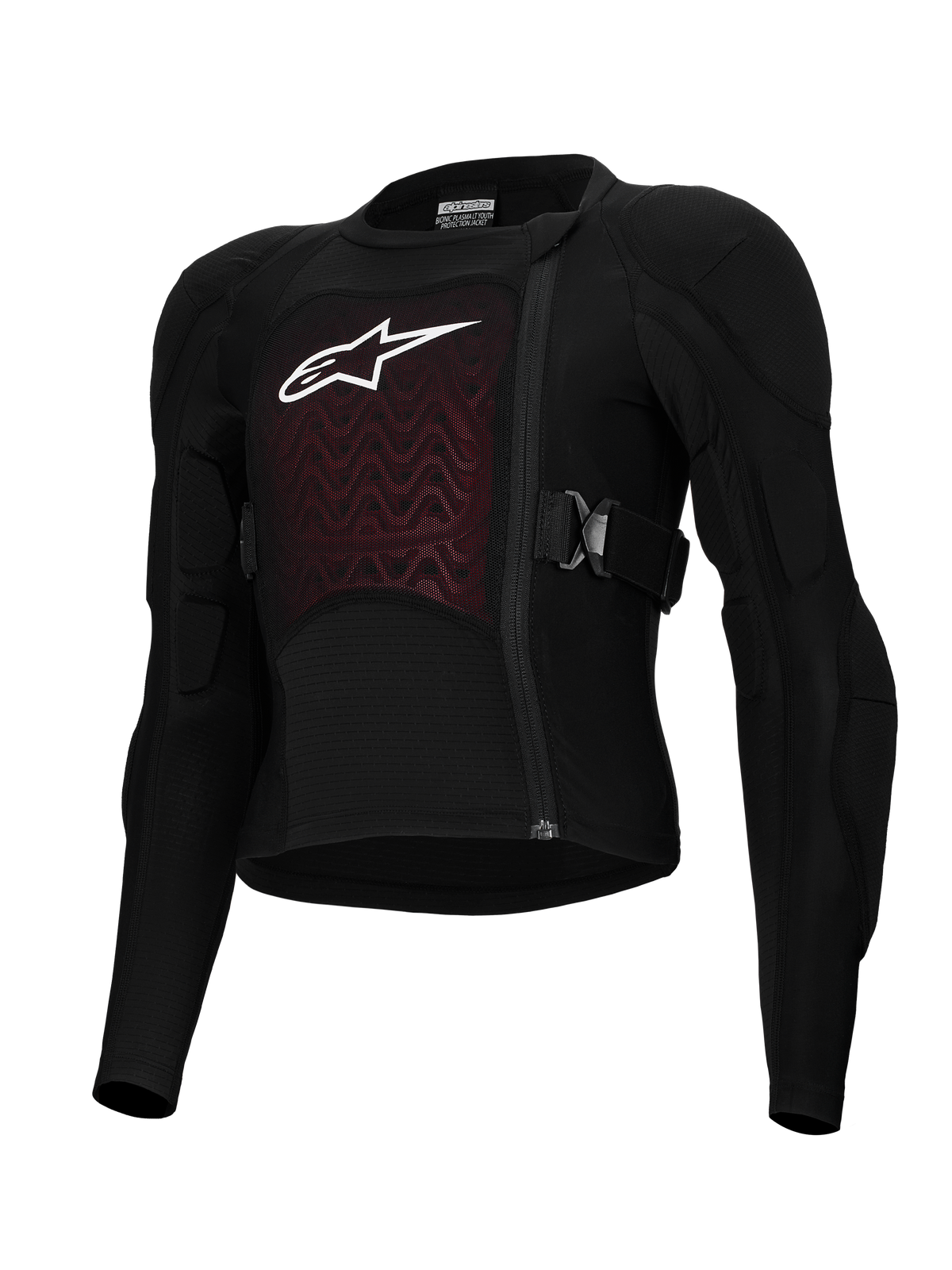 Alpinestars Bionic Plasma LT Youth Protection Jacket, equipamento de proteção para motociclismo juvenil, preto e vermelho, com ombros e cotovelos acolchoados, fecho frontal deslocado, alças laterais ajustáveis e painel de peito texturado com logótipo branco