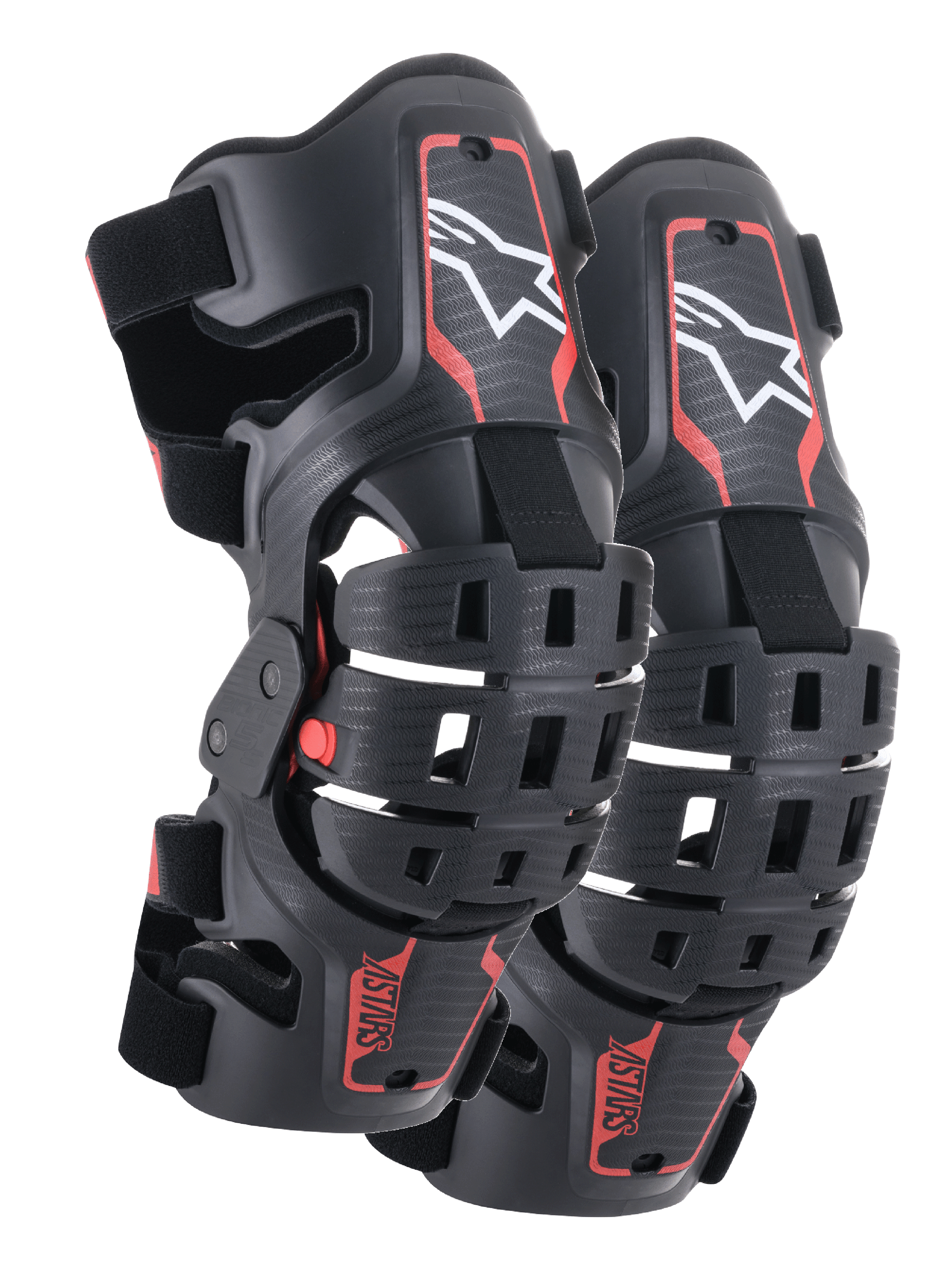Joelheiras Alpinestars Youth Bionic 5S, proteção de joelho para motocross, preto e vermelho, par de protetores com design de estrutura híbrida e conchas ventiladas, logótipo Astar branco na secção superior, marca ASTARS vermelha na secção inferior e tiras pretas ajustáveis para um ajuste seguro.