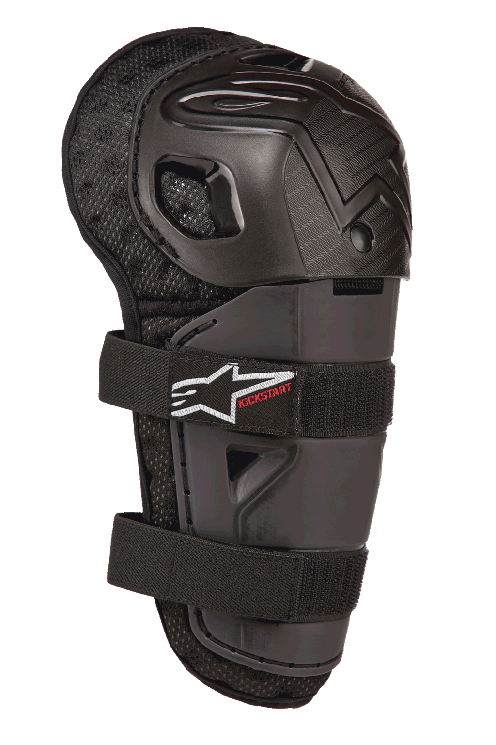 Alpinestars Bionic Action Kickstart Knee Guard, Youth Motocross Knee and Shin Protector, Black, featuring articulated plastic shell, double elasticated strap closure with white logo and red Kickstart branding, padded mesh backing for off-road protection