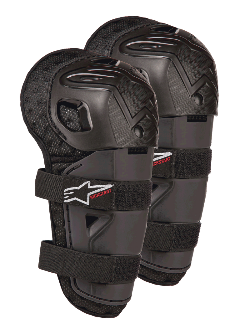 Joelheiras Alpinestars Bionic Action Kickstart, protetores de joelho e canela de motocross para jovens, pretas com logótipo KICKSTART vermelho, estrutura articulada em plástico e tiras elásticas duplas, equipamento de proteção para jovens pilotos de todo-o-terreno