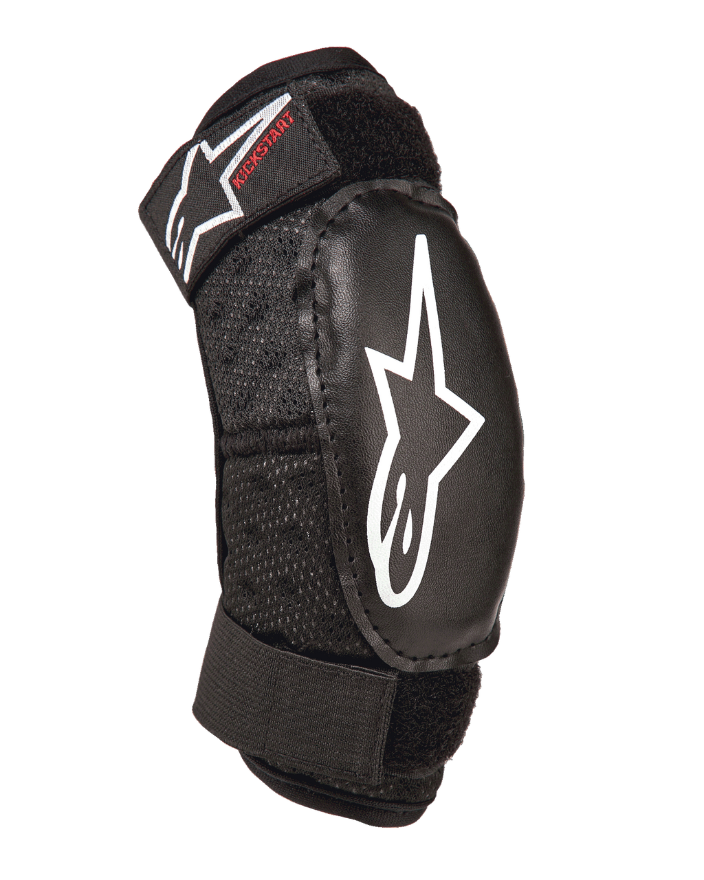 Alpinestars Youth Bionic Action Kickstart Elbow Guard, preta, cotoveleira de proteção para jovens com logótipo de estrela branco e marca Kickstart a vermelho, correias duplas ajustáveis com Velcro, tecido de malha respirável, design ergonómico para motocross e desportos de ação