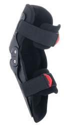 Alpinestars Youth SX-1 Knee Protector, Motocross Knee Guard, Black and Red, featuring a dual pivot hinge system and adjustable dual strap system with red pull-tabs, lightweight and durable protection for young off-road riders.