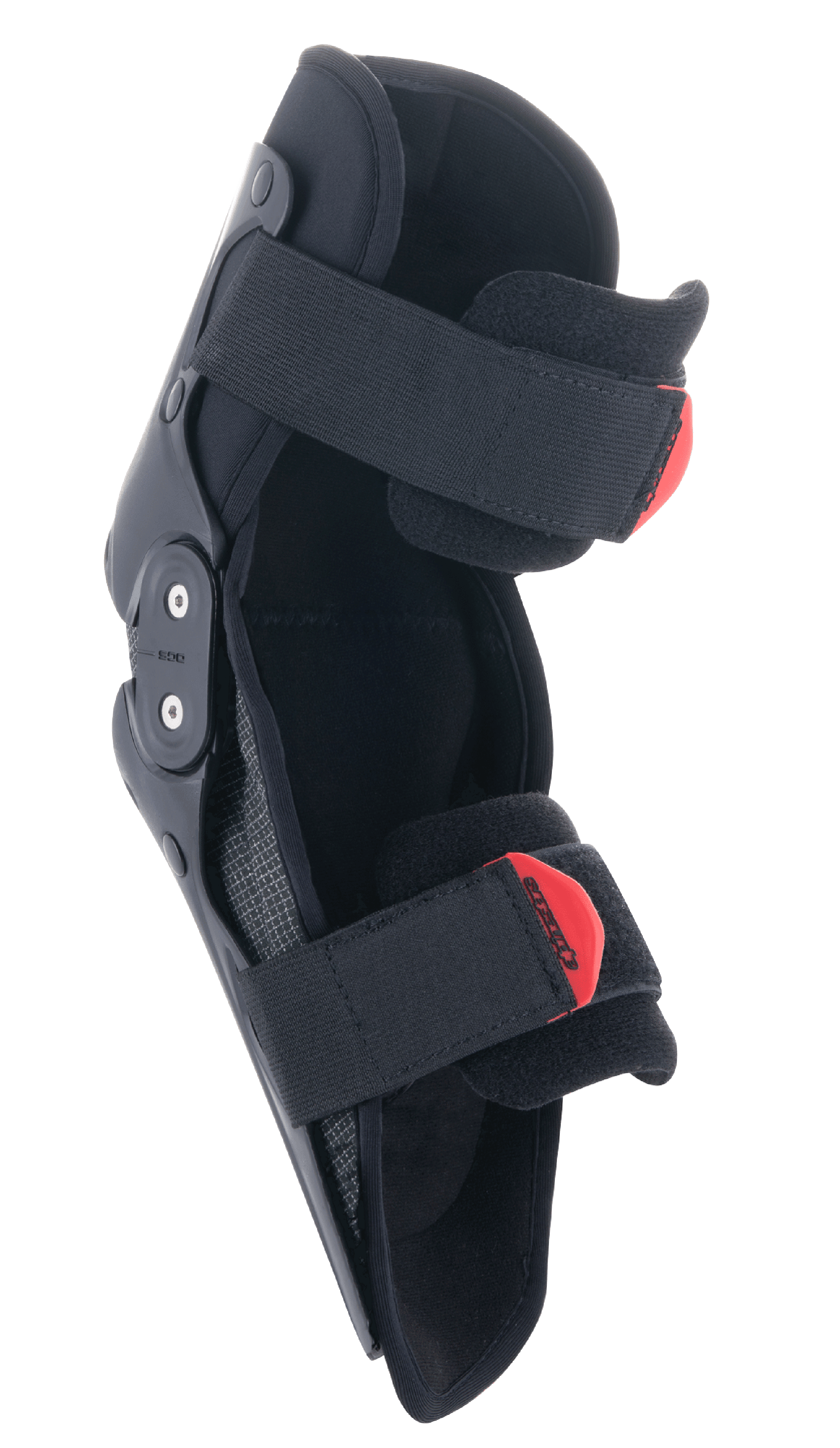 Alpinestars Youth SX-1 Knee Protector, Motocross Knee Guard, Black and Red, featuring a dual pivot hinge system and adjustable dual strap system with red pull-tabs, lightweight and durable protection for young off-road riders.