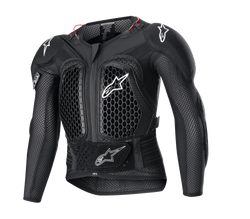 Alpinestars Youth Bionic Action V2 Protection Jacket, armadura de motocross, preto com logótipos brancos e detalhes vermelhos, padrão de ventilação em favo de mel no peito e ombros, cinta ajustável na cintura, proteção duradoura contra impactos para jovens pilotos