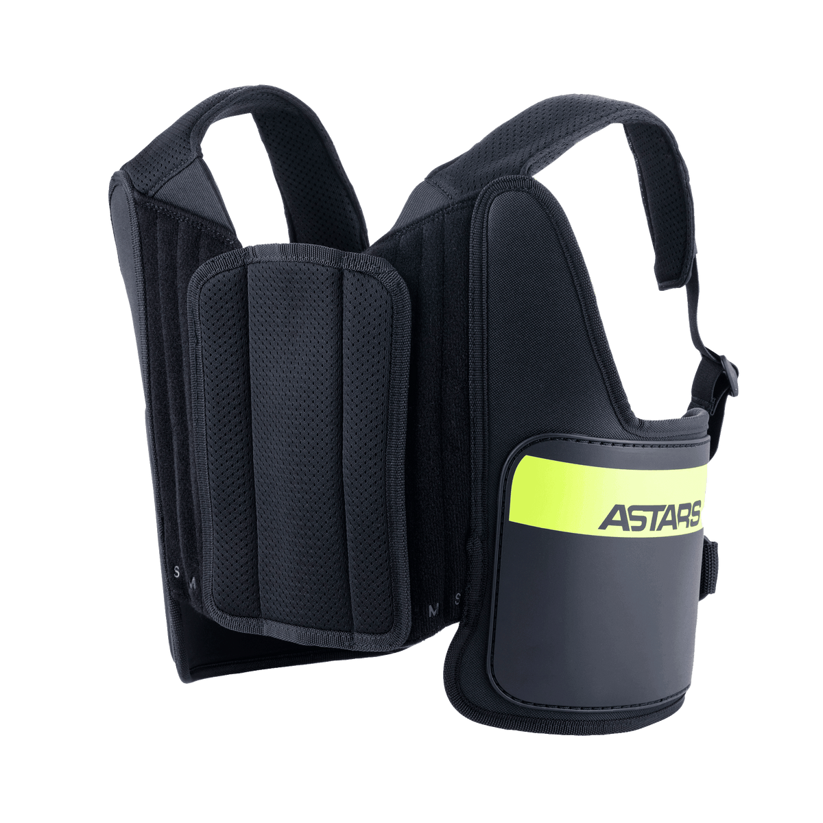 Alpinestars Youth Bionic Rib Support, protetor de costelas para karting, preto e amarelo néon, com alças de ombro ajustáveis em malha, painéis laterais acolchoados com uma faixa amarela fluorescente e marca ASTARS, design ergonómico para proteção em corridas de kart.
