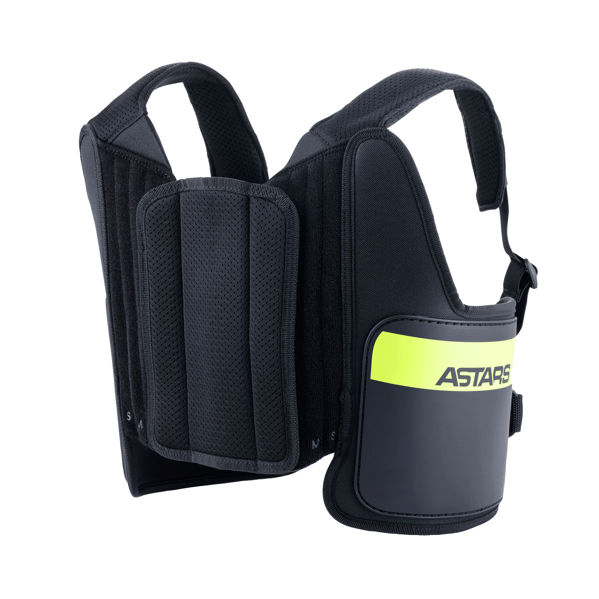 Alpinestars Youth Bionic Rib Support, protetor de costelas para karting, preto e amarelo néon, com alças de ombro ajustáveis em malha, painéis laterais acolchoados com uma faixa amarela fluorescente e marca ASTARS, design ergonómico para proteção em corridas de kart.