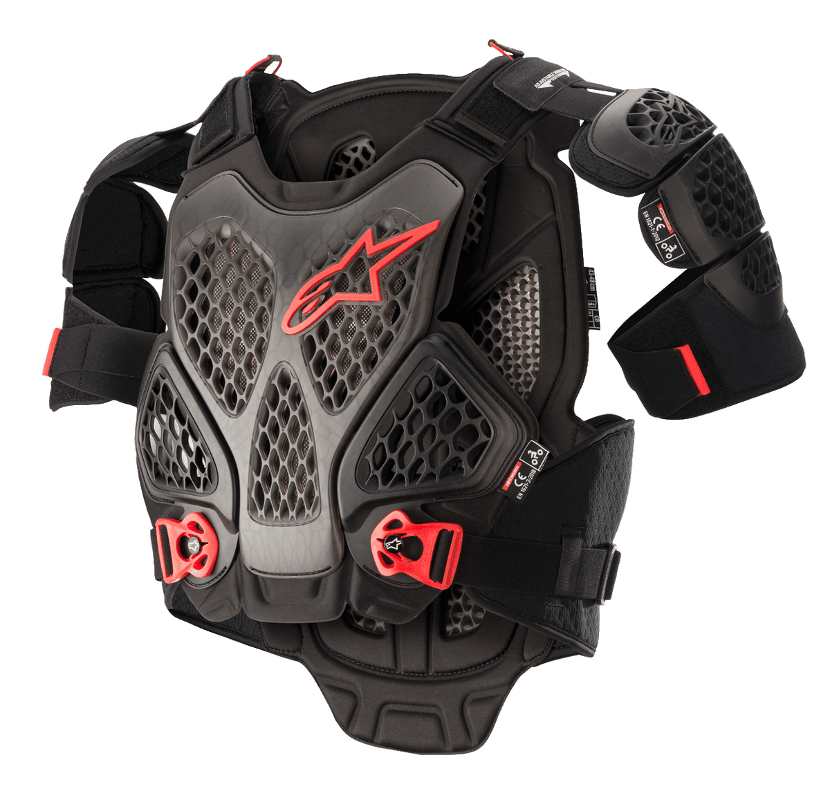 Alpinestars A-6 Chest Protector, proteção de peito para motocross, preto antracite e vermelho, com placas de tecnologia Cell em favo de mel, logótipo Alpinestars vermelho, fivelas de libertação rápida ajustáveis vermelhas e protetores de ombro removíveis
