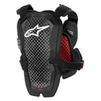 Alpinestars A-1 Pro Chest Protector, Anthracite Black and Red, rear view showing the back protector panel, perforated Polyhedron Technology for ventilation, white Astars logo, red interior honeycomb padding, off-road motorcycle protection gear