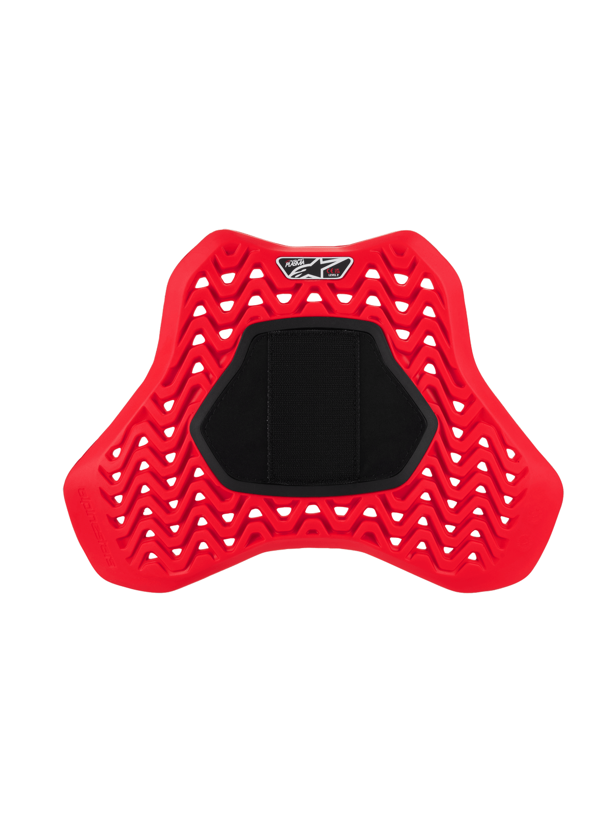 Alpinestars Nucleon Plasma Full Chest Protector Hook and Loop, vermelho e preto, com design em ziguezague perfurado para fluxo de ar, grande painel central de gancho e laço preto, inserto ergonómico de proteção de peito em forma de escudo para proteção contra impactos