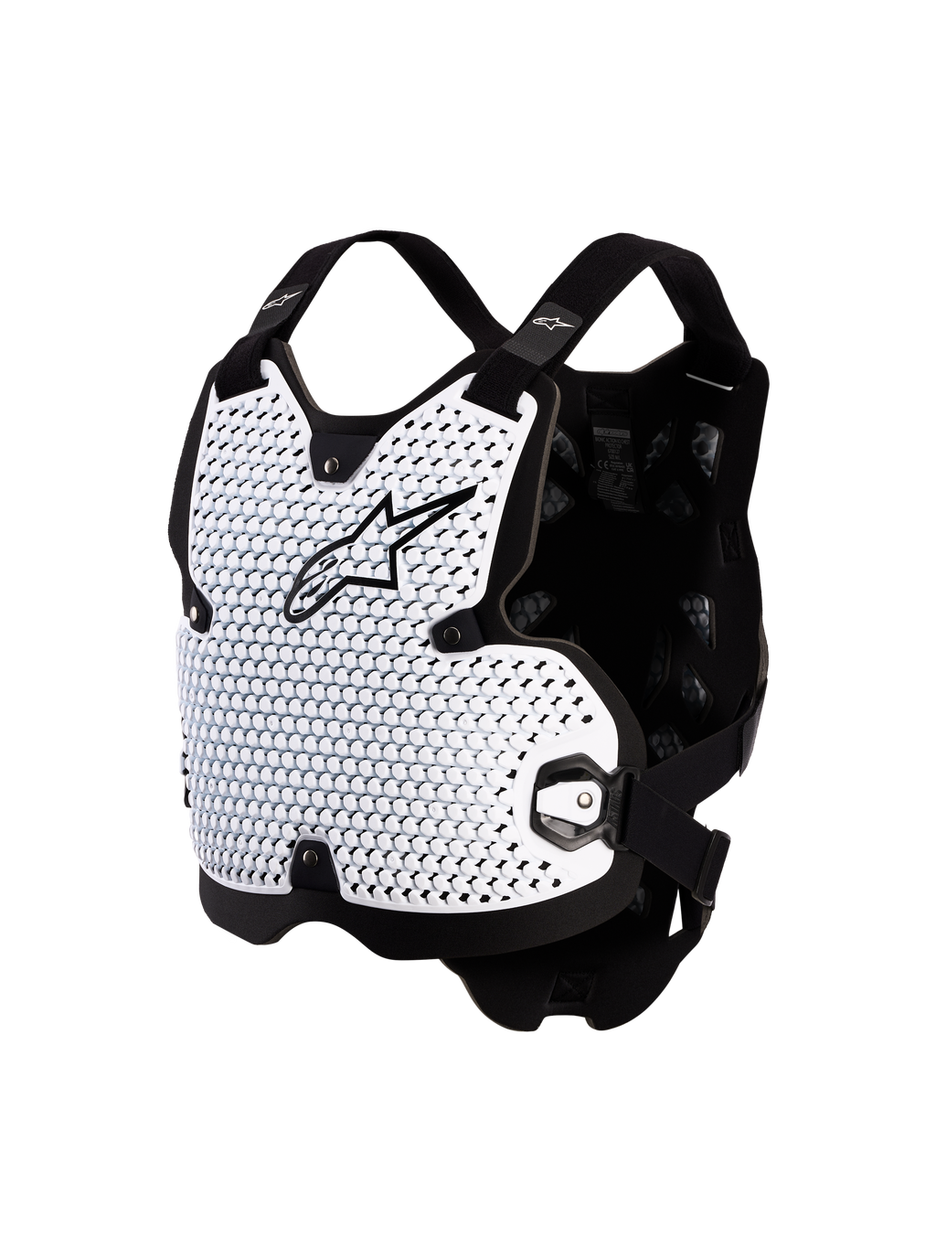 Peitoral Bionic Action da Alpinestars, peitoral de motocross, branco e preto, tecnologia A-Morph ventilada e certificado CE.