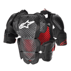 Alpinestars A-10 V2 Full Chest Protector, Motocross Body Armor, Anthracite Black and Red, featuring perforated chest and shoulder plates, red honeycomb lining, white Alpinestars logo on center chest, ultra-lightweight protective gear