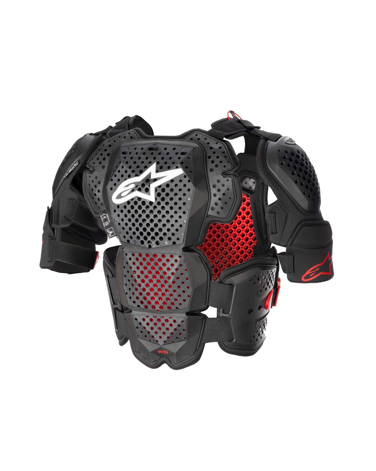 Alpinestars A-10 V2 Protetor de Peito Integral, equipamento de proteção para motocross, antracite preto e vermelho, com placas de peito e ombros perfuradas, forro em favo de mel vermelho e logótipo Alpinestars branco no centro do peito
