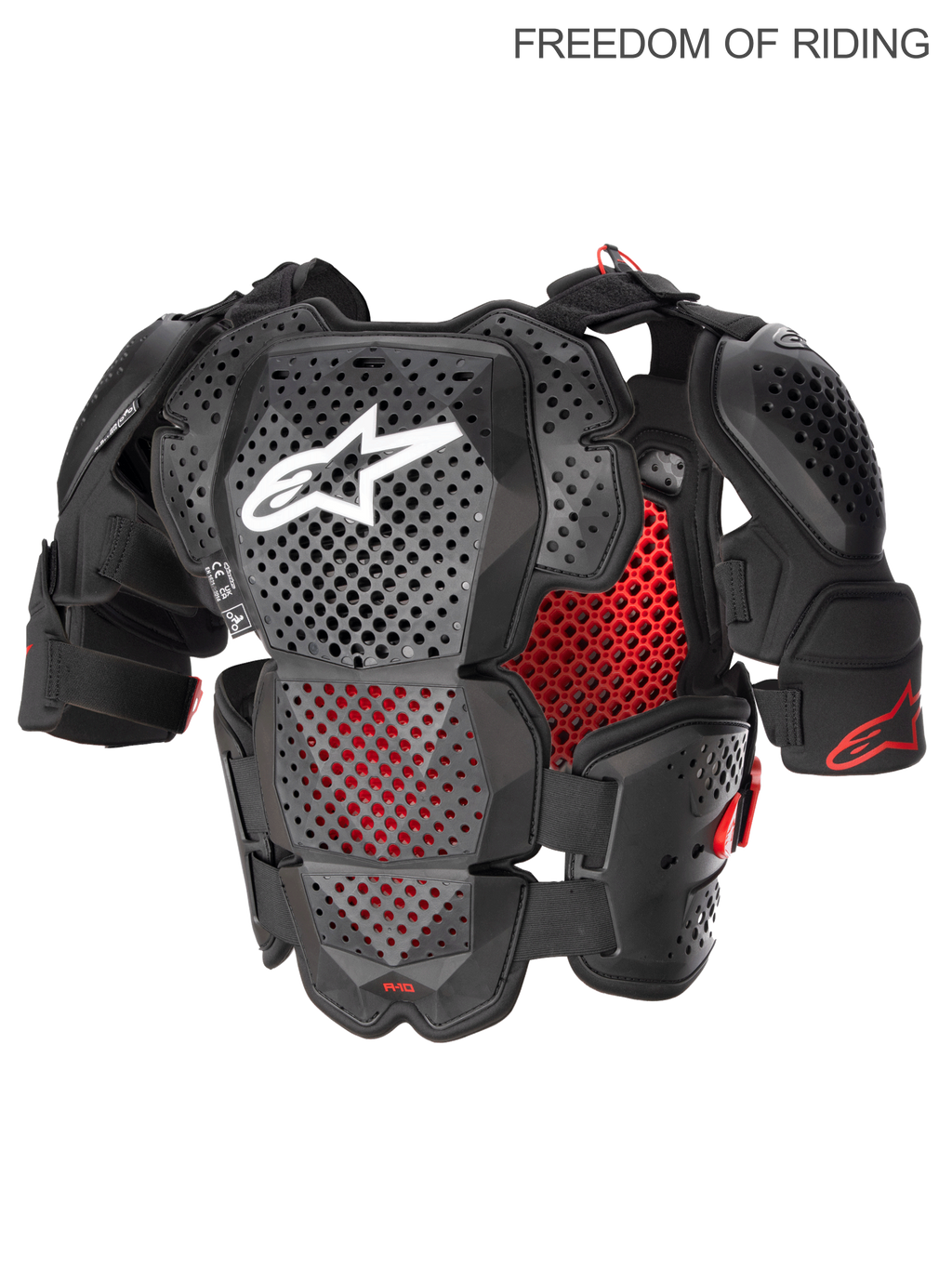 Alpinestars A-10 V2, protetor de peito integral para motocross e todo-o-terreno, masculino, preto antracite e vermelho, certificado CE nível 2, com tecnologia híbrida de poliedro para elevada ventilação e protetores de ombro ajustáveis.