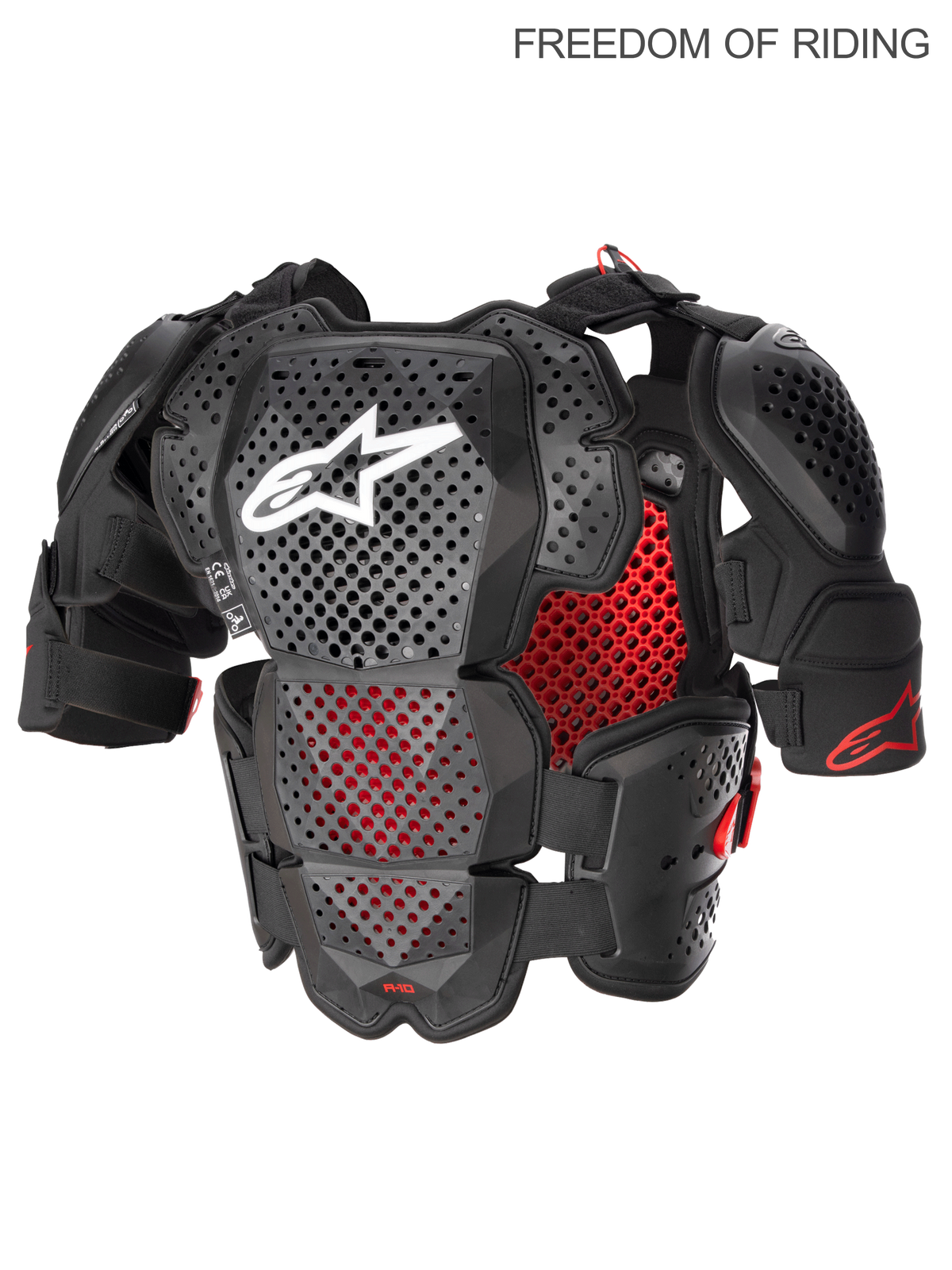 Alpinestars A-10 V2 Full Chest Protector, Motocross and Off-Road Body Armor for Men, Anthracite Black and Red, CE Level 2 Certified. Featuring Polyhedron Hybrid Technology for high ventilation, lightweight plastic shell with shoulder guards and ram air cooling channels.