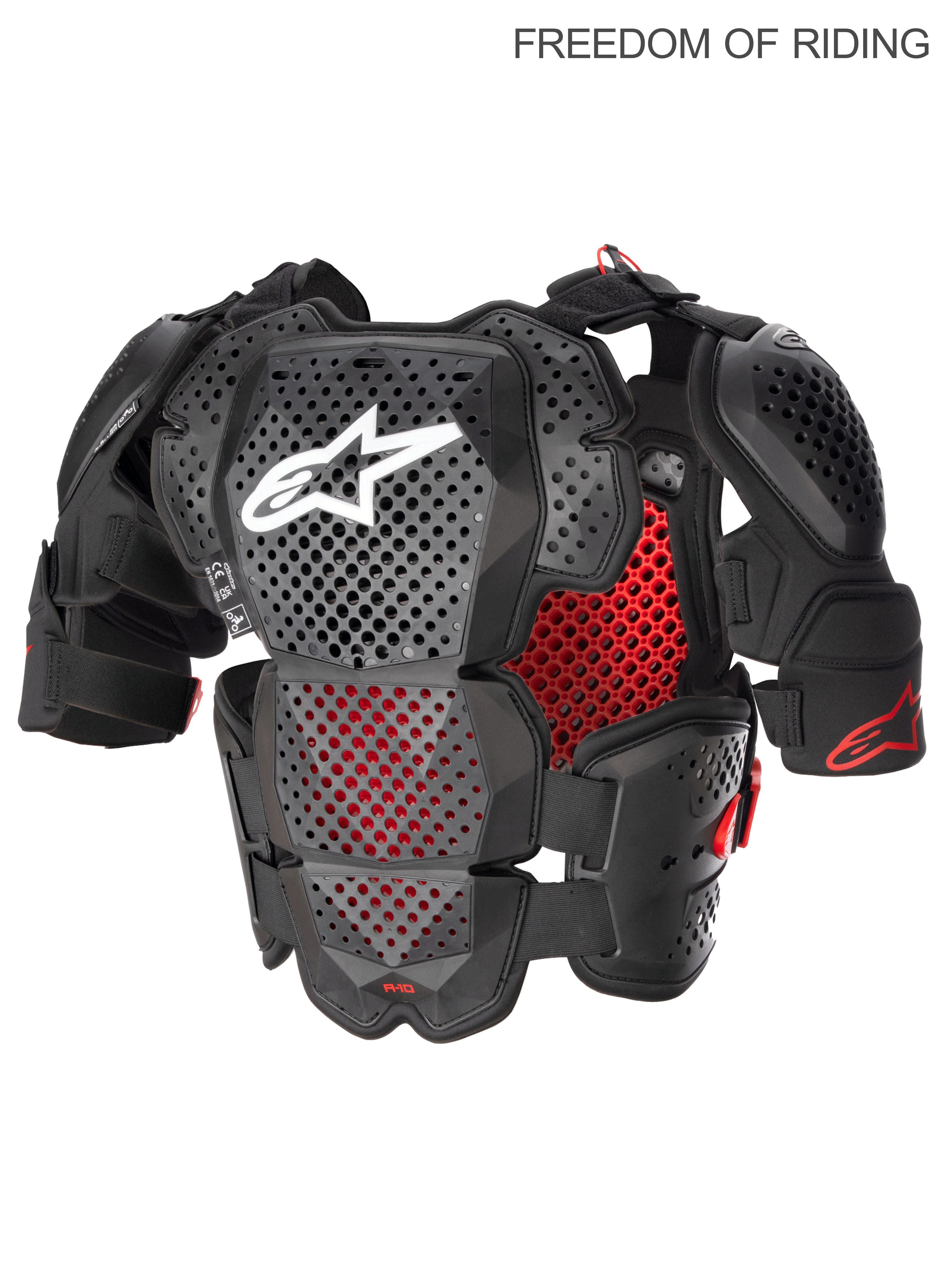 Alpinestars A-10 V2, protetor de peito integral para motocross e todo-o-terreno, masculino, preto antracite e vermelho, certificado CE nível 2, com tecnologia híbrida de poliedro para elevada ventilação e protetores de ombro ajustáveis.