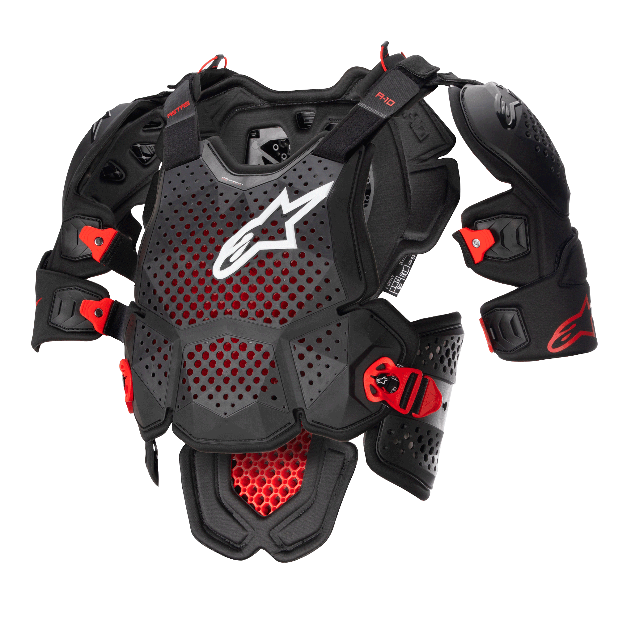 Alpinestars A-10 V2 Full Chest Protector, Motocross Body Armor, Anthracite Black and Red, featuring a perforated chest plate with white Alpinestars logo, adjustable shoulder pads, and red impact-resistant buckles, protective gear for off-road racing