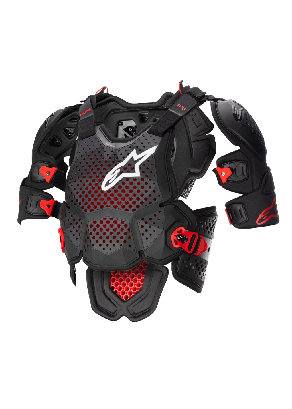 Alpinestars Protetor De Peito Integral A-10 V2, equipamento de proteção para motocross, preto e vermelho, peitoral perfurado com logótipo branco, ombros ajustáveis e certificação CE Nível 2
