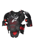 Alpinestars Protetor De Peito Integral A-10 V2, equipamento de proteção para motocross, preto e vermelho, peitoral perfurado com logótipo branco, ombros ajustáveis e certificação CE Nível 2