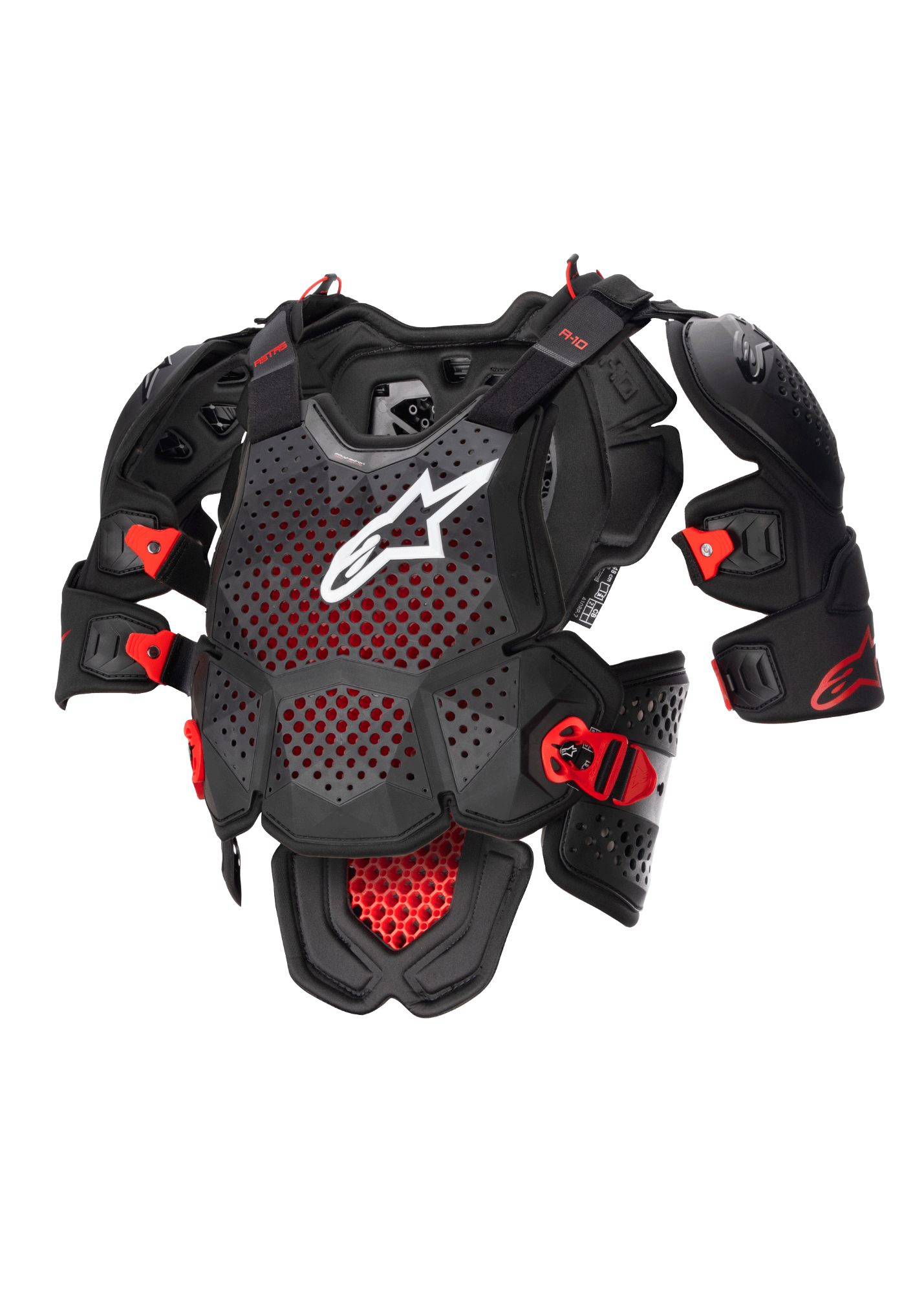 Alpinestars Protetor De Peito Integral A-10 V2, equipamento de proteção para motocross, preto e vermelho, peitoral perfurado com logótipo branco, ombros ajustáveis e certificação CE Nível 2