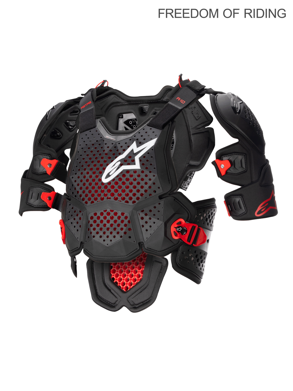 Alpinestars Protetor de peito integral A-10 V2, peitoral de motocross e off-road para homem, antracite, preto e vermelho com logótipo frontal branco, tecnologia híbrida de poliedro certificada CE nível 2, estrutura ventilada e protetores de ombros integrados.