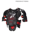 Alpinestars Protetor de peito integral A-10 V2, peitoral de motocross e off-road para homem, antracite, preto e vermelho com logótipo frontal branco, tecnologia híbrida de poliedro certificada CE nível 2, estrutura ventilada e protetores de ombros integrados.